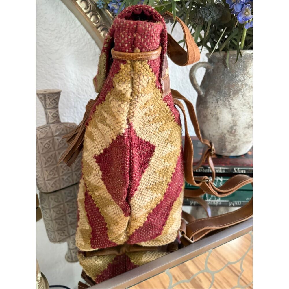 Lovestitch Wine Carpet Backpack Ikat Jute Leather Tassel Boho Festival Bag - Picture 7 of 12